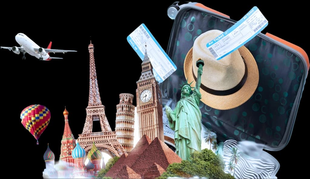 A collage of world landmarks, a plane and travel luggage